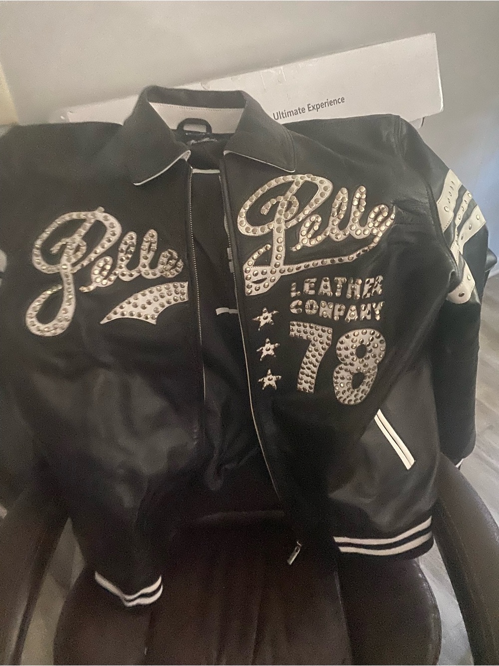 Pelle Pelle Black Leather Studded Varsity Jacket with White Trim